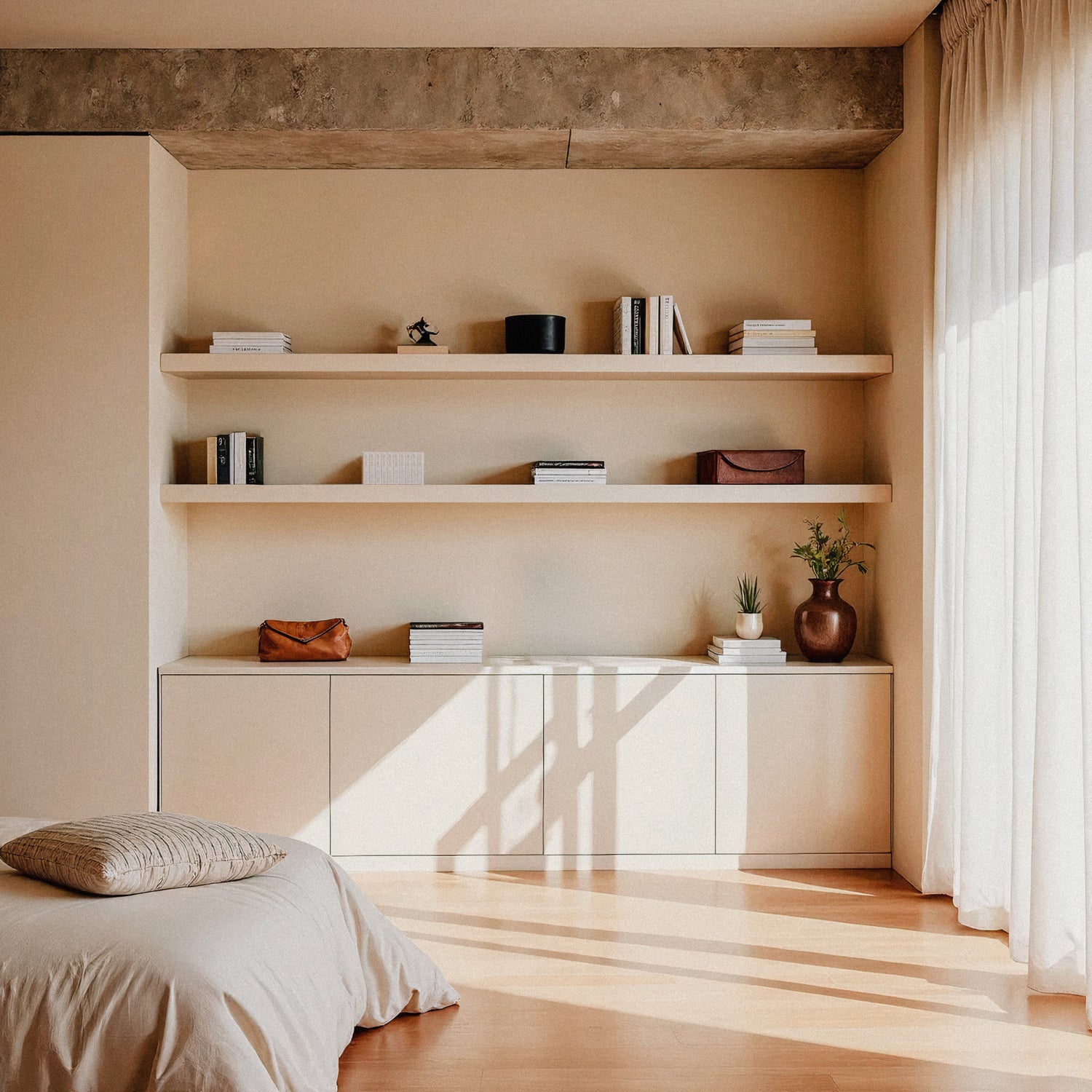 A photo of a room with a bookcase and a NOAT pack blending into its surroundings